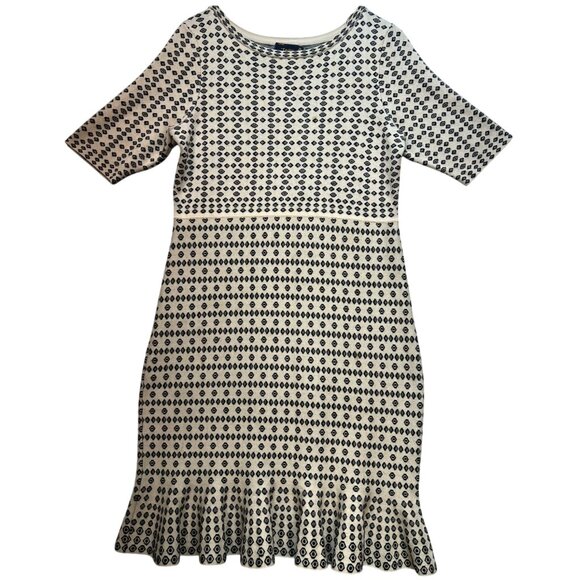 Just Taylor Women's Fitted Midi Sweater Dress Knit Ruffle Hem Size XL Beige Geo - Picture 1 of 12